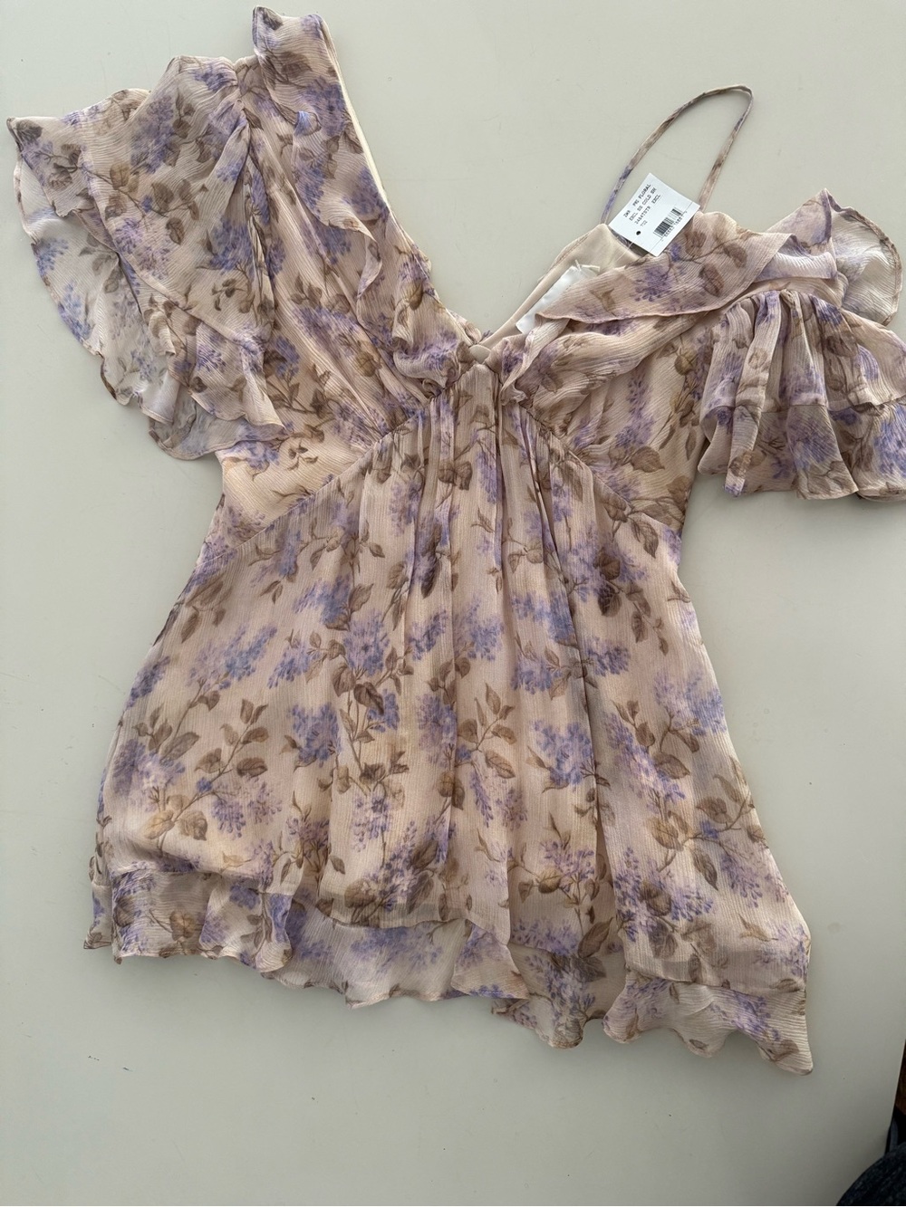Zimmermann Cream and Lavender Floral Ruffle Camisole